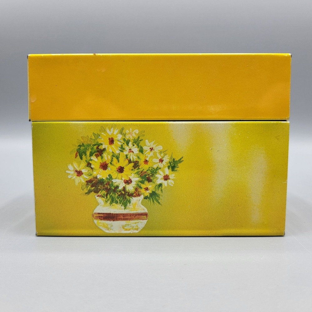 Vintage Metal Tin Recipe Storage Box With Floral Design Ohio Art Yellow Multi